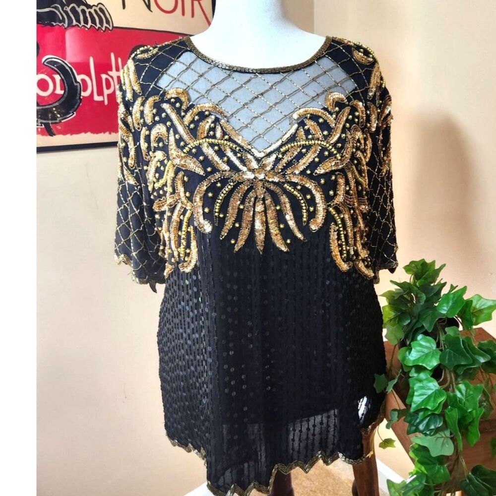 Vintage Lawrence Kazar Silk Beaded Sequin Top Black Gold Art Deco Gatsby XL Plus